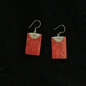 Red and Silver Square Earrings